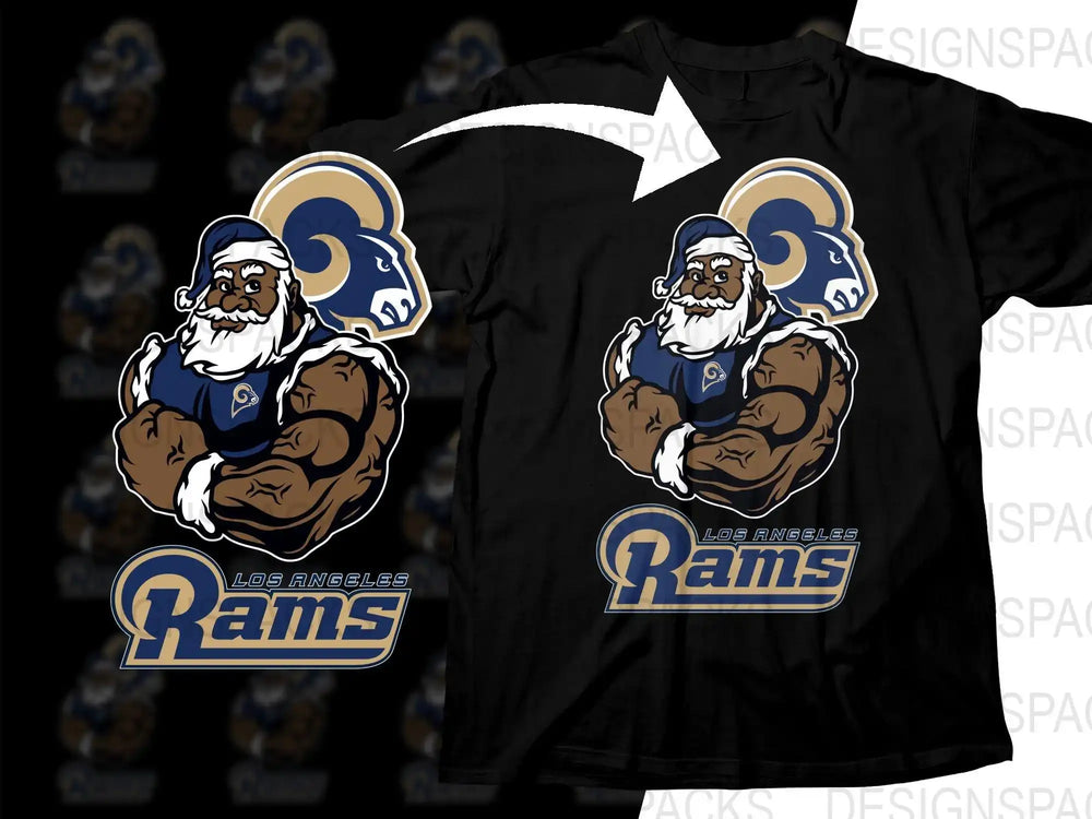 Muscular Santa in LA Rams jersey design for DTG/DTF t-shirt printing, print-ready PNG SVG