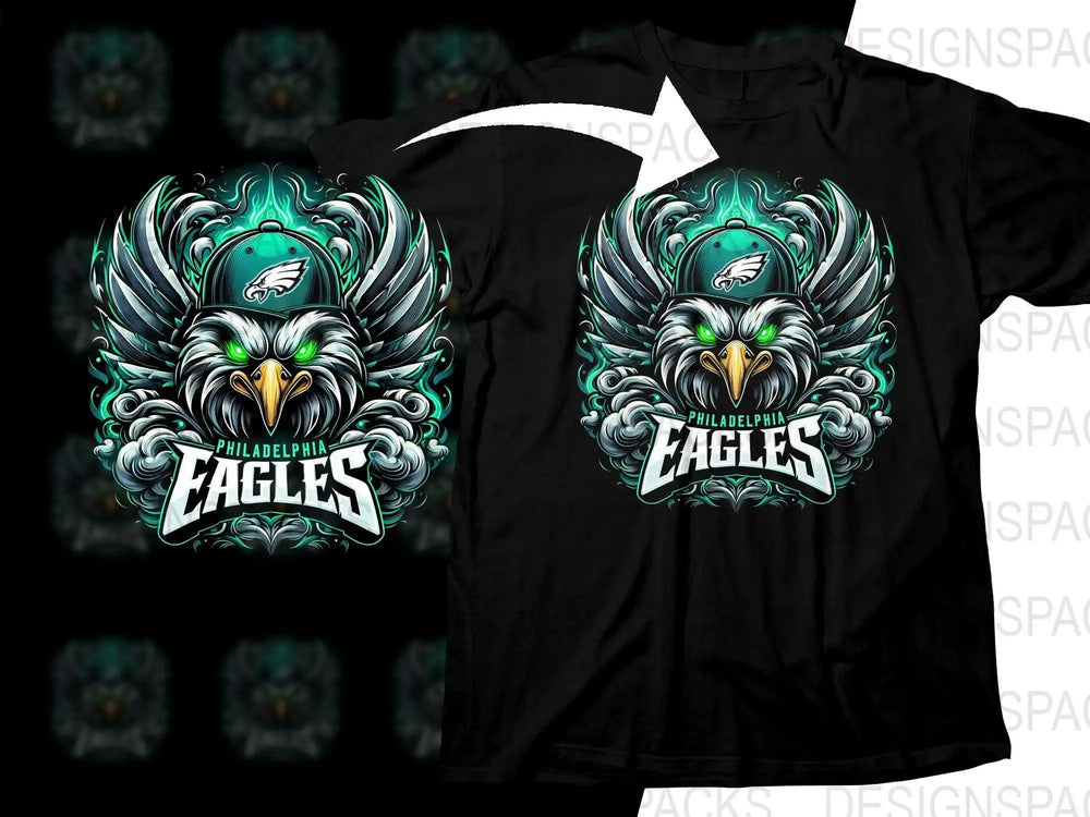 Philadelphia Eagles t-shirt design with fierce eagle mascot and teal flames, print-ready graphic