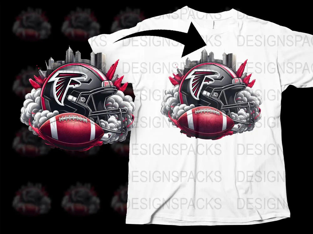 Football helmet and ball design on white t-shirt with city skyline background