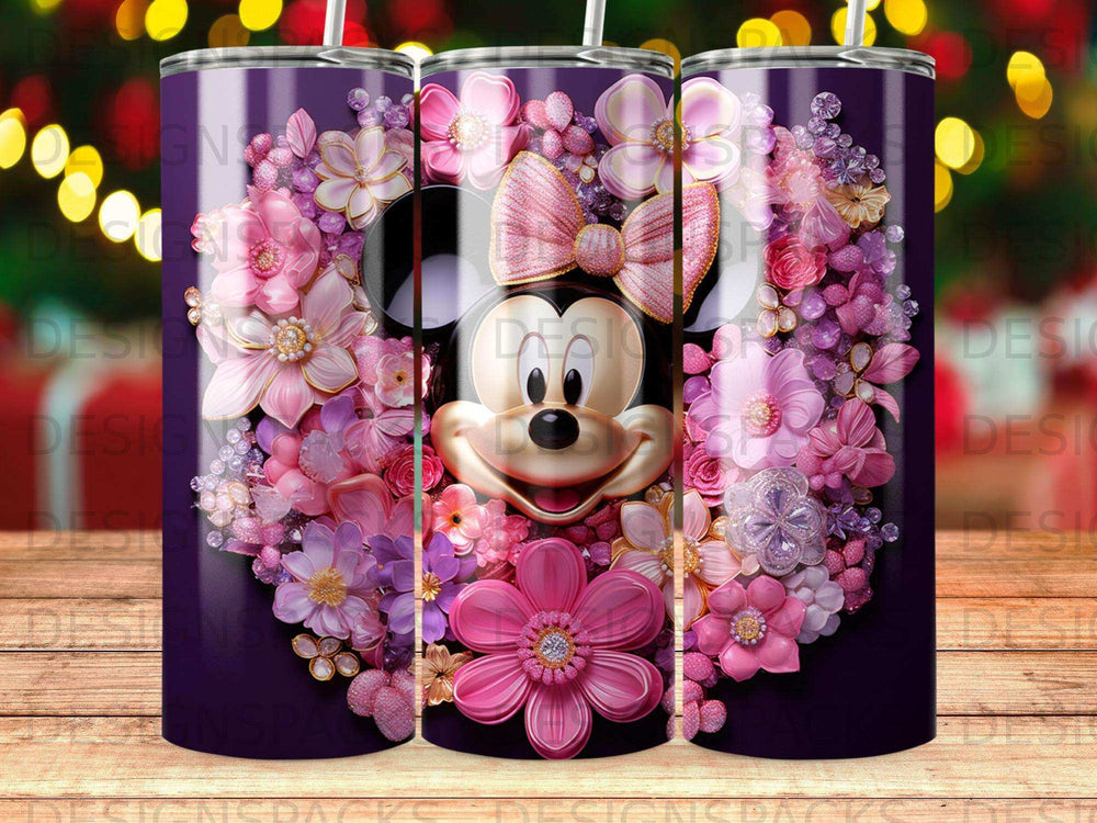 Minnie Mouse surrounded by a wreath of pink and purple flowers and glitter.