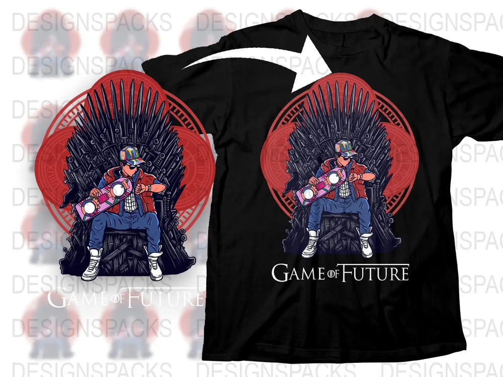 Game of Future t-shirt design with character on Iron Throne holding skateboard, print-ready PNG