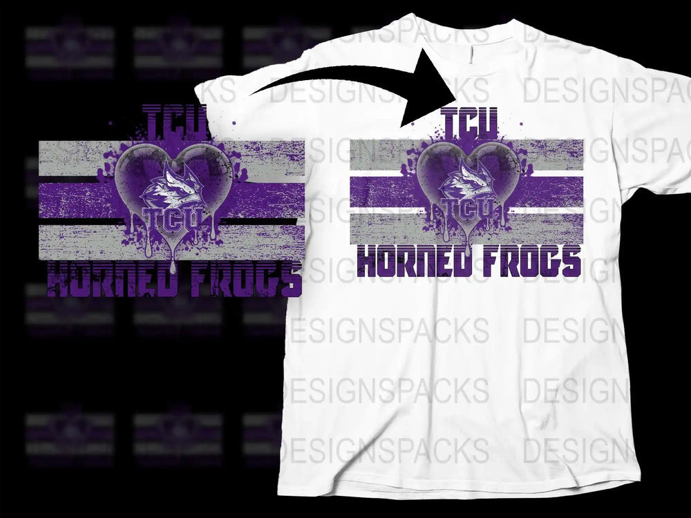 TCU Horned Frogs purple heart design on white t-shirt, print-ready graphic for DTG/DTF
