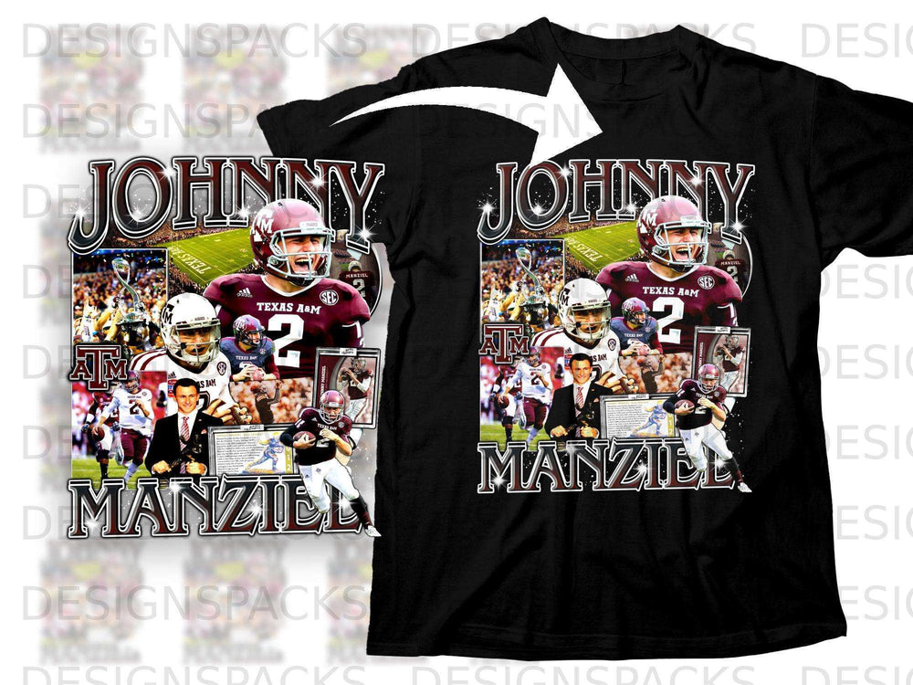 Johnny Manziel Texas A&M Aggies collage t-shirt with football imagery.