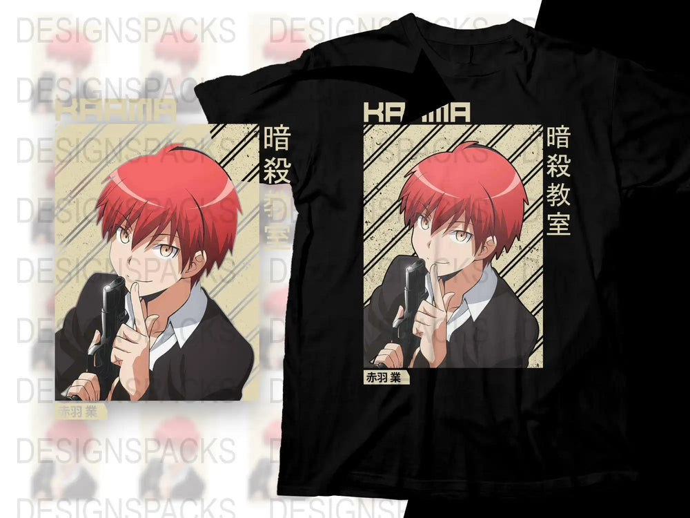 Anime character with red hair holding gun, Japanese text, on black t-shirt design
