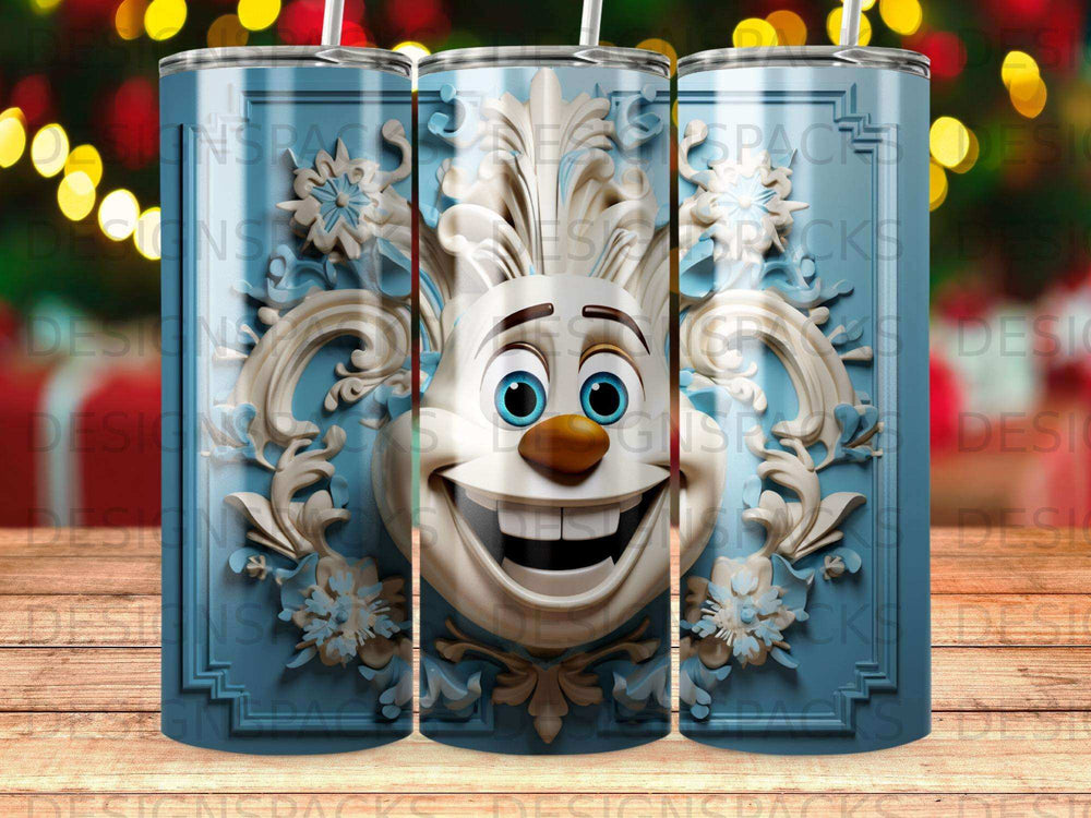 White snowman character with large eyes and mouth on a blue patterned tumbler.