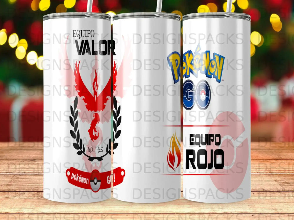 Pokémon Valor and Rojo team logos on three tumblers.