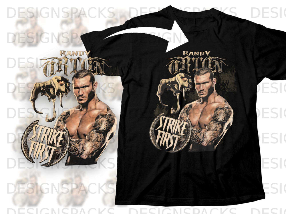 Black t-shirt featuring Randy Orton with "Strike First" text.