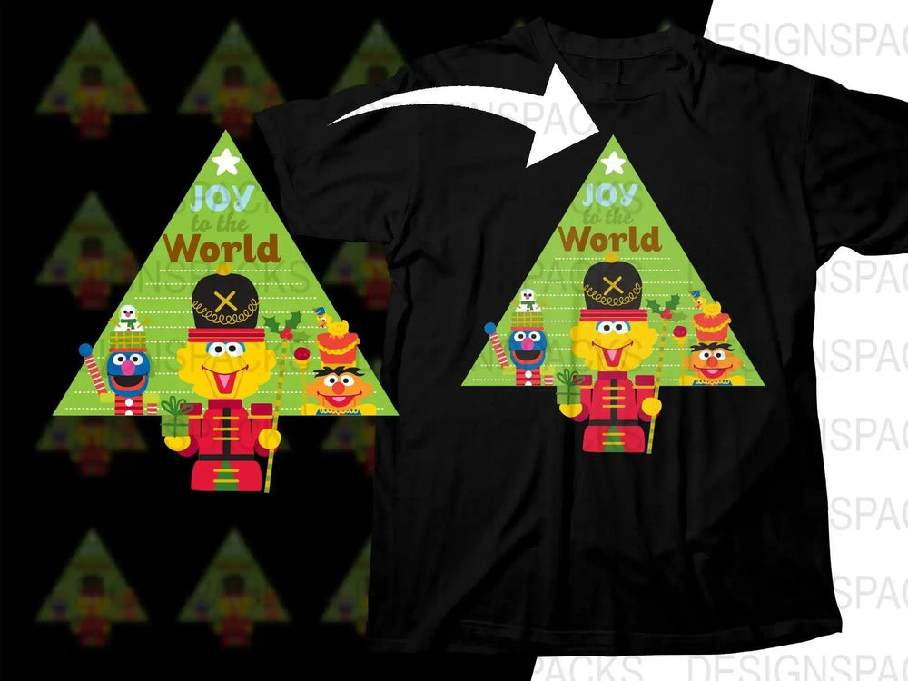 Joy to the World Christmas tree design with Sesame Street characters on black t-shirt
