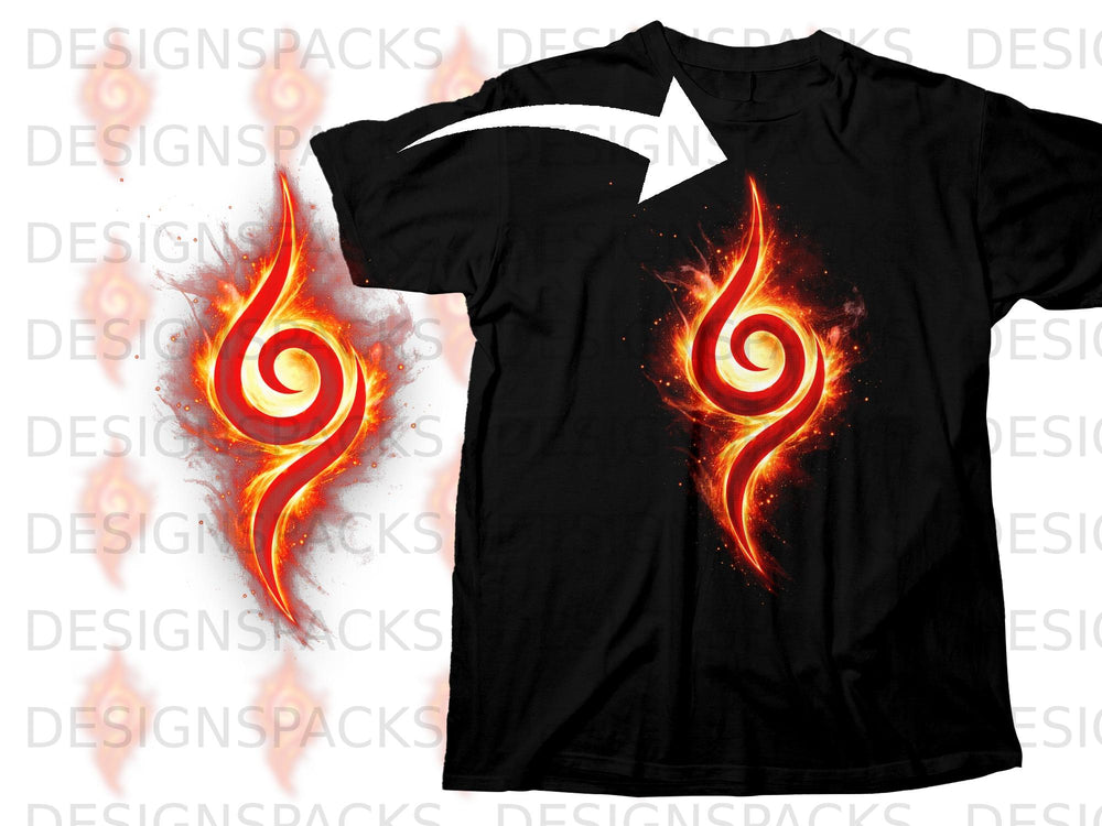 Black t-shirt with a fiery red and yellow spiral graphic on the chest.