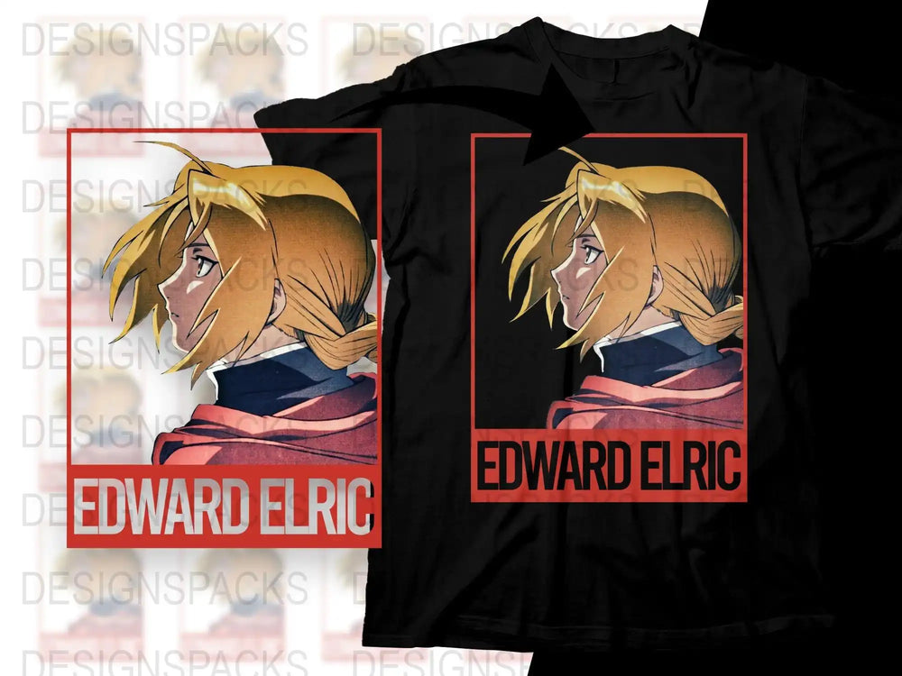 Edward Elric anime design on black t-shirt, print-ready for DTG or DTF