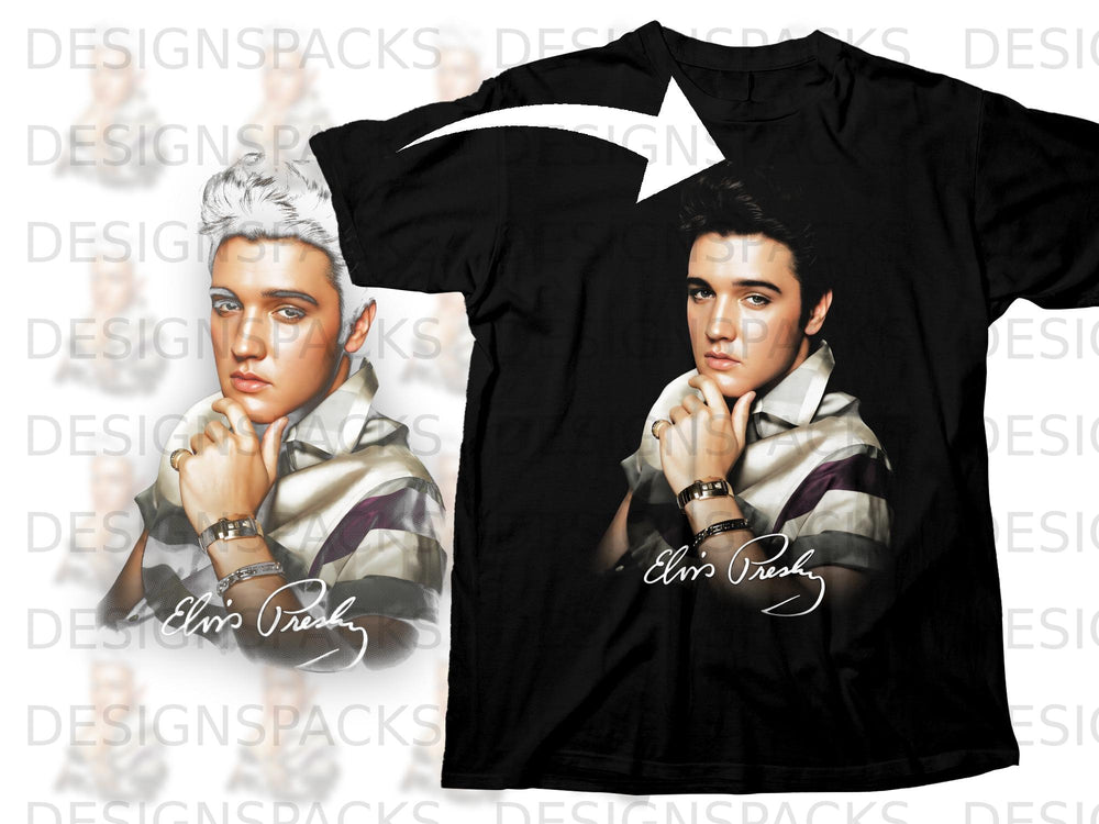 Black t-shirt featuring a portrait of Elvis Presley with his signature.