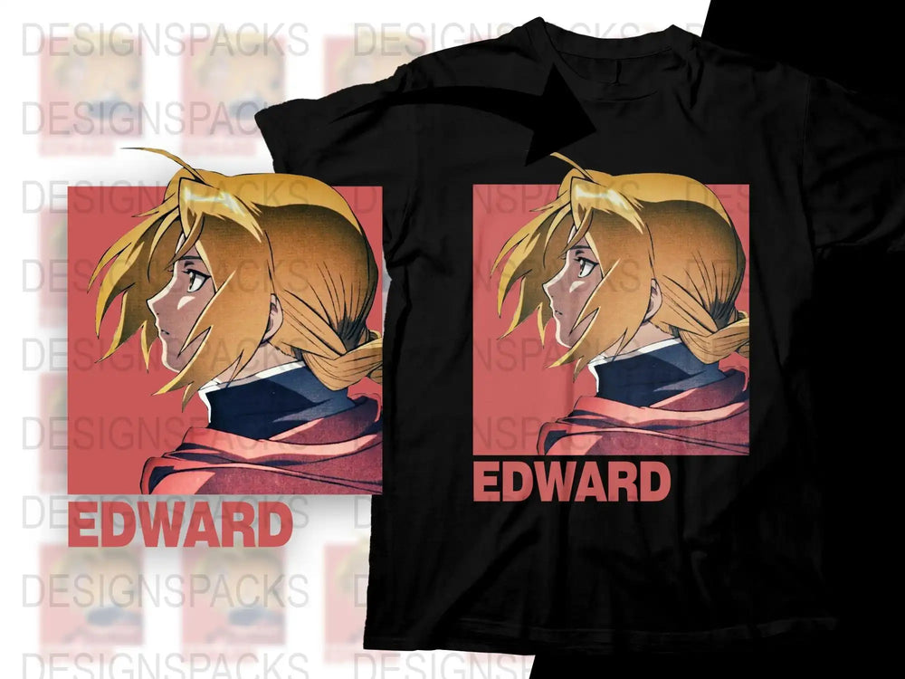 Edward anime character t-shirt design with red background and bold text