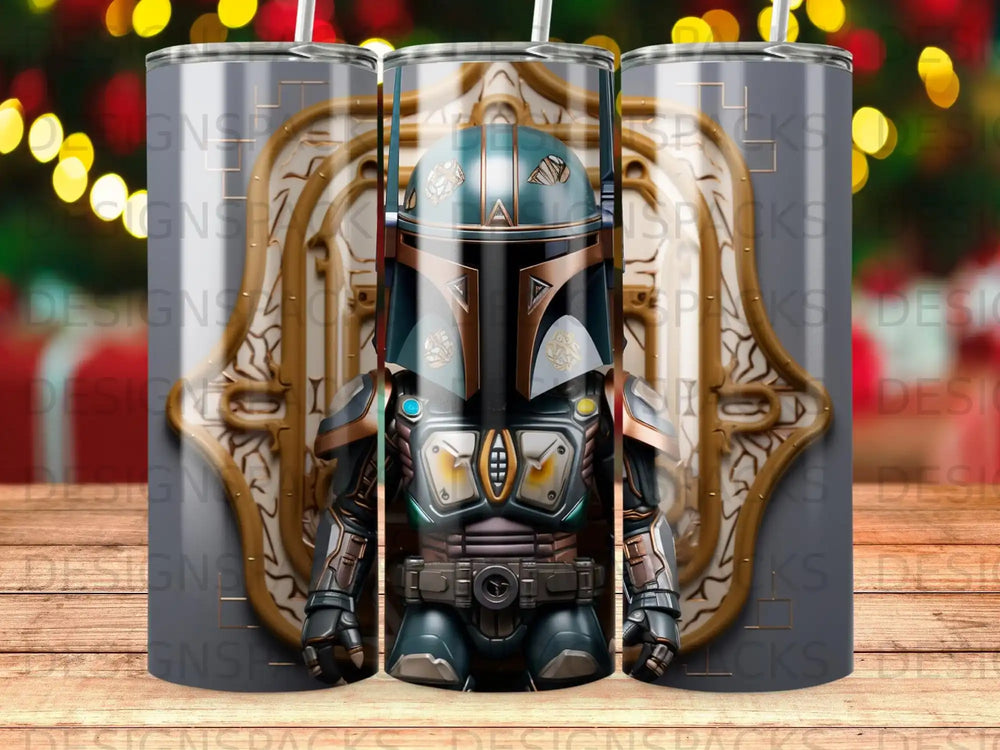 Mandalorian character with armor and helmet, centered on a textured background.