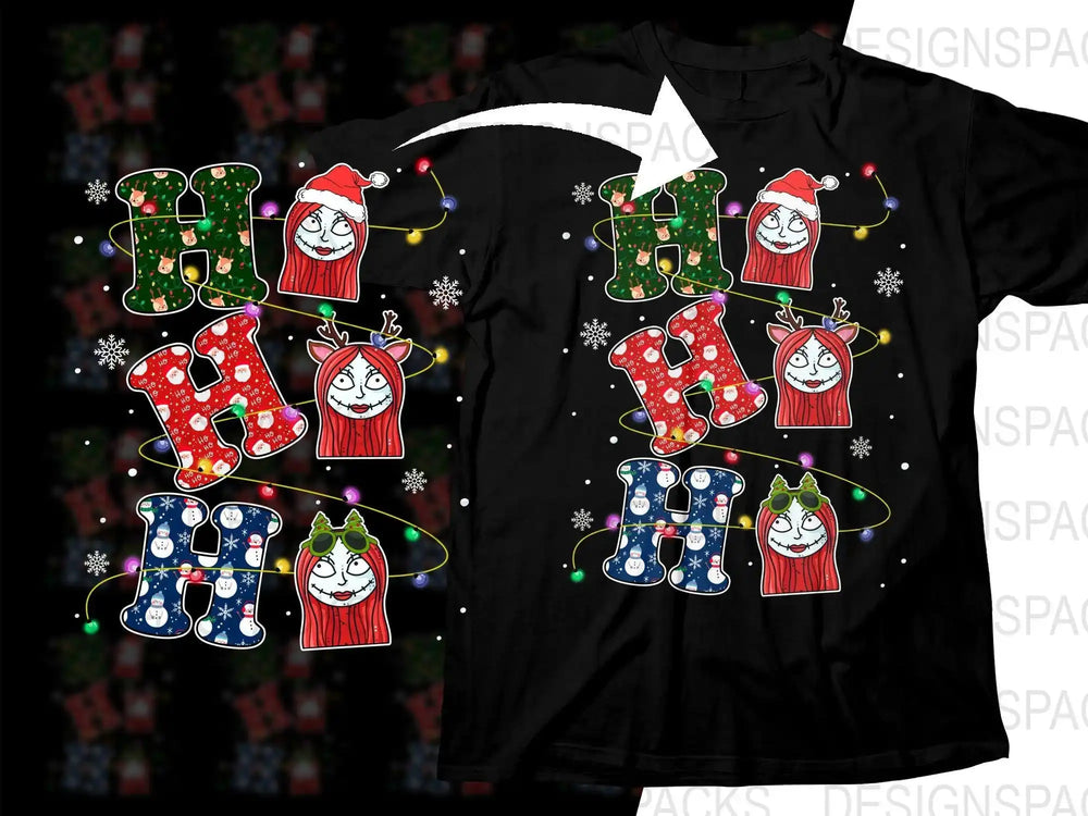 Funny Christmas t-shirt design with spooky girl faces and festive 'HO HO HO' letters, perfect for holiday prints.