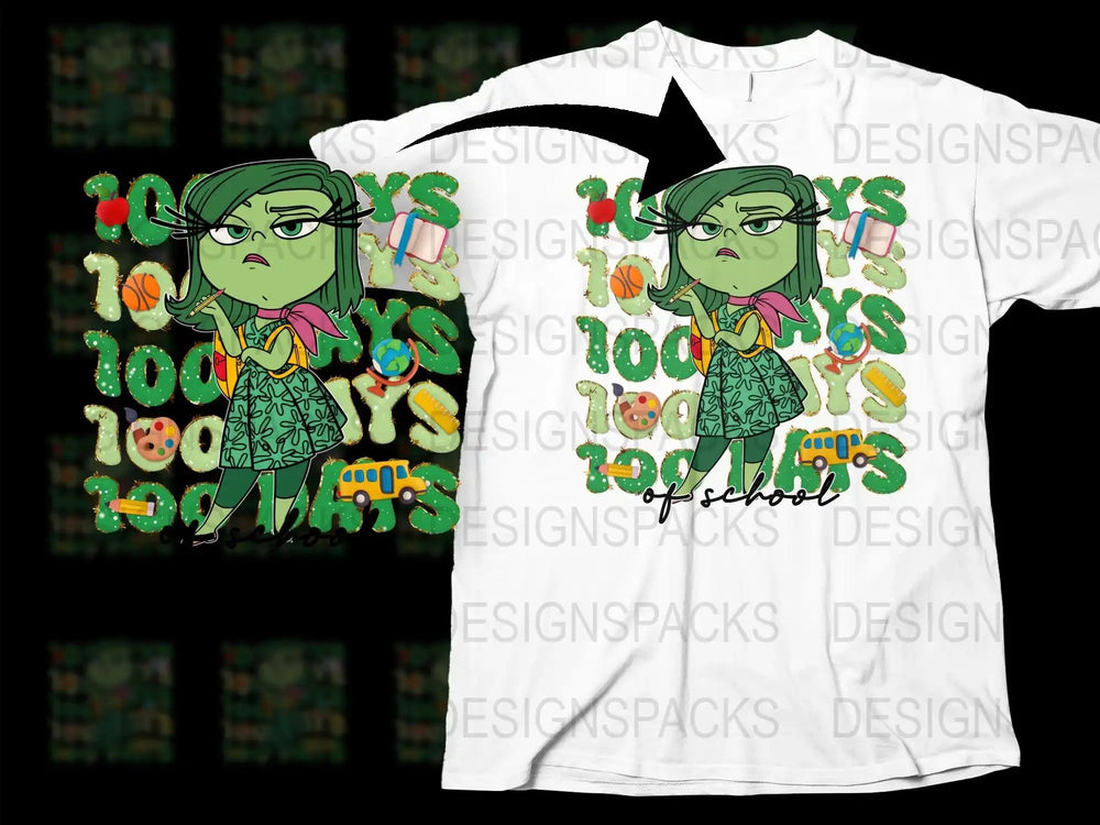 100 Days of School T-Shirt Design with Green Character and School Icons