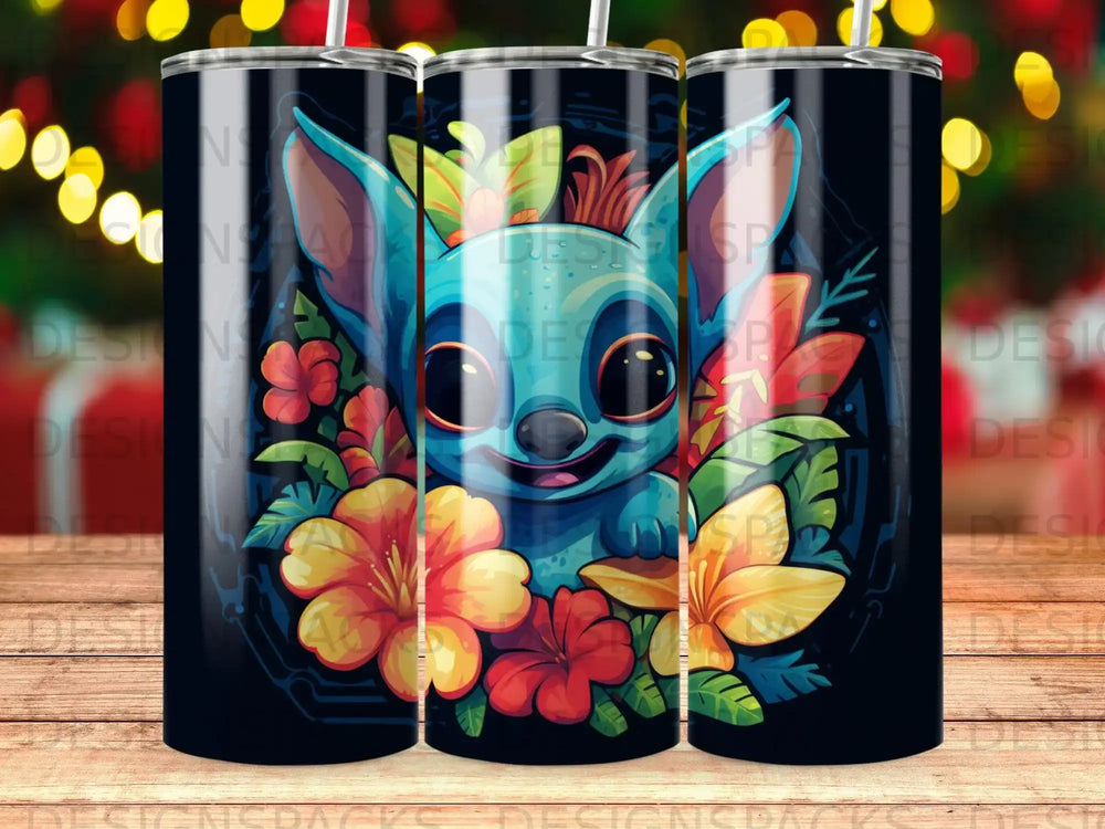 Blue Stitch character surrounded by tropical flowers on a black tumbler.