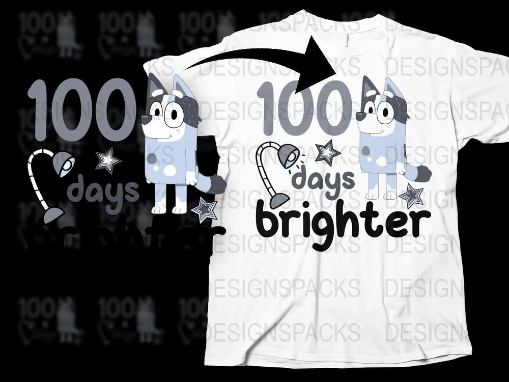 Bluey-themed '100 Days Brighter' t-shirt design with stars and lamp graphic