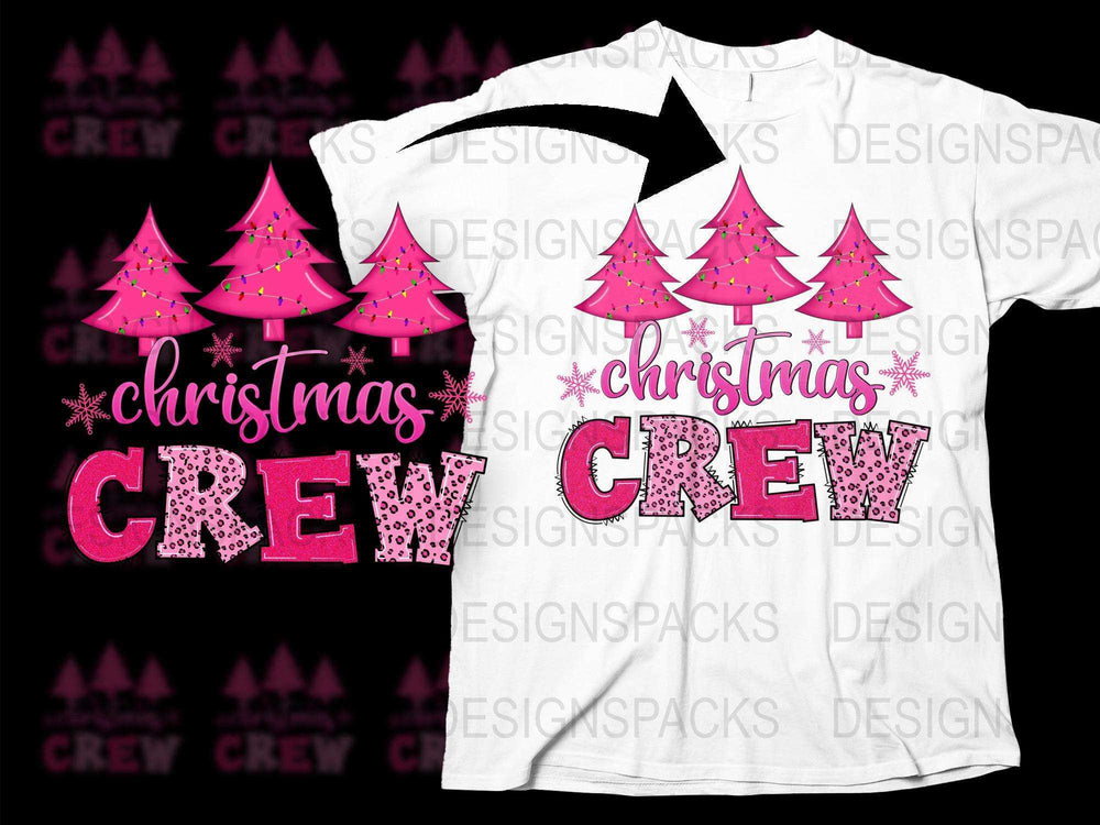 Christmas Crew T-Shirt Pink and White Holiday Festive Trees Family Matching Tees Party Outfit