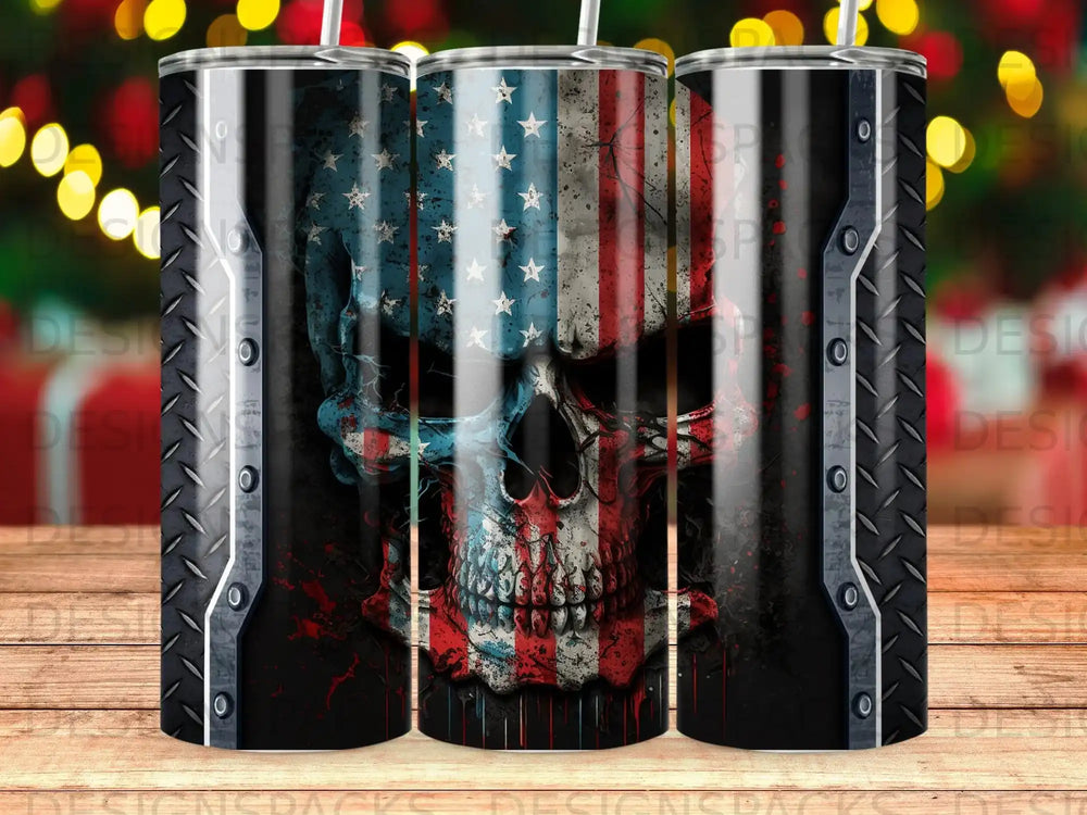American flag skull with distressed texture, on a dark background.