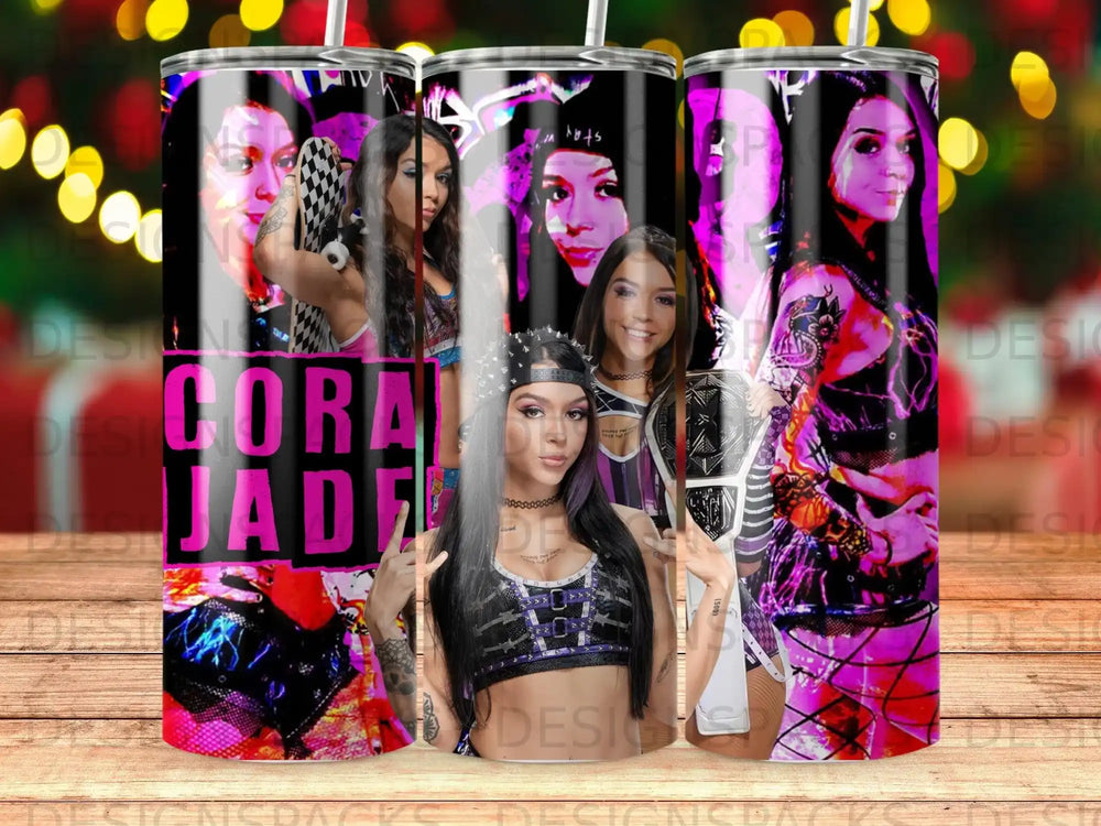 Cora Jade wrestling tumbler with "CORA JADE" text and wrestling imagery.