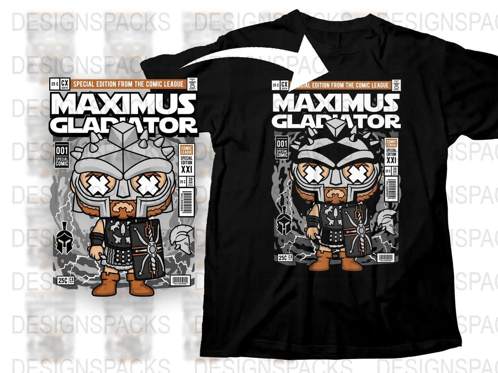 Maximus Gladiator comic-style t-shirt design with warrior art, perfect for DTF/DTG printing.