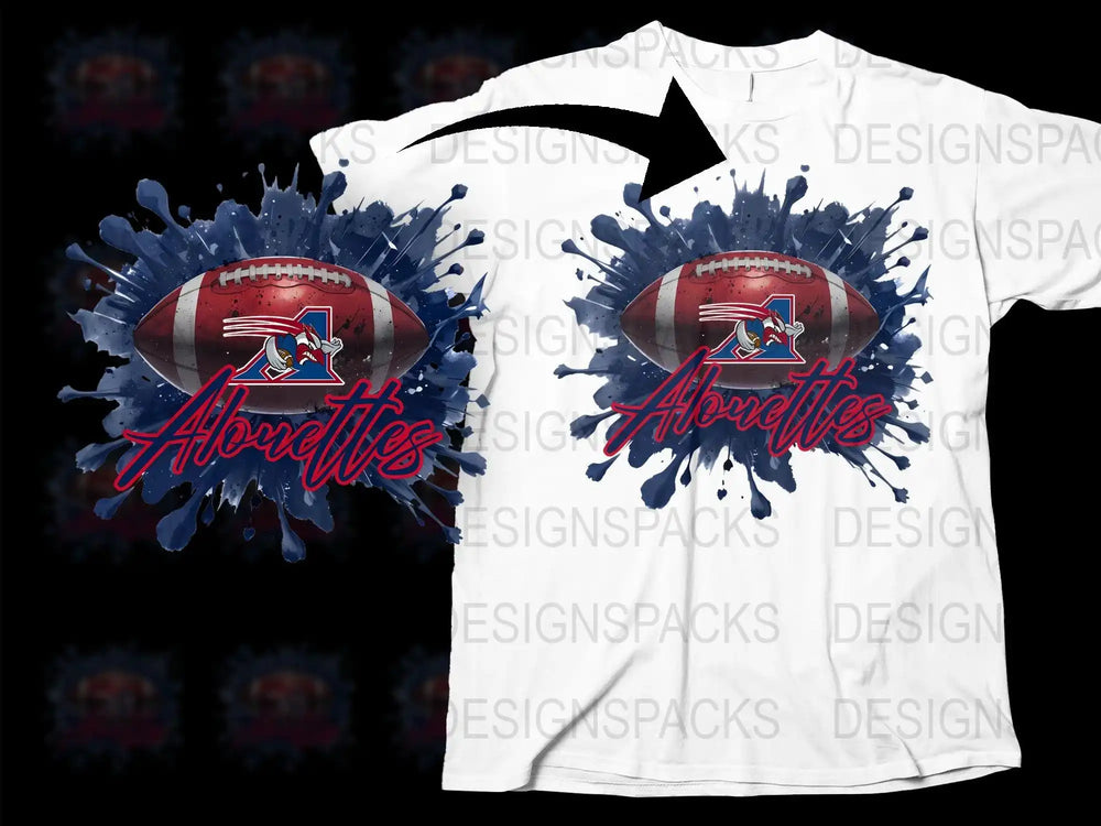 Football design with 'Alouettes' text and blue splash, print-ready for DTG/DTF t-shirts