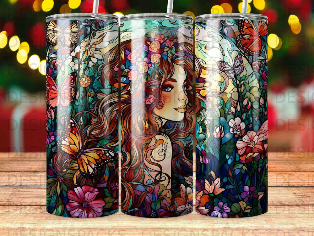 Woman with long flowing hair adorned with flowers and butterflies, stained glass style.
