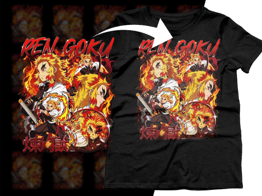 Rengoku anime t-shirt design with fiery graphics, print-ready for DTG/DTF, featuring bold red text and flame effects