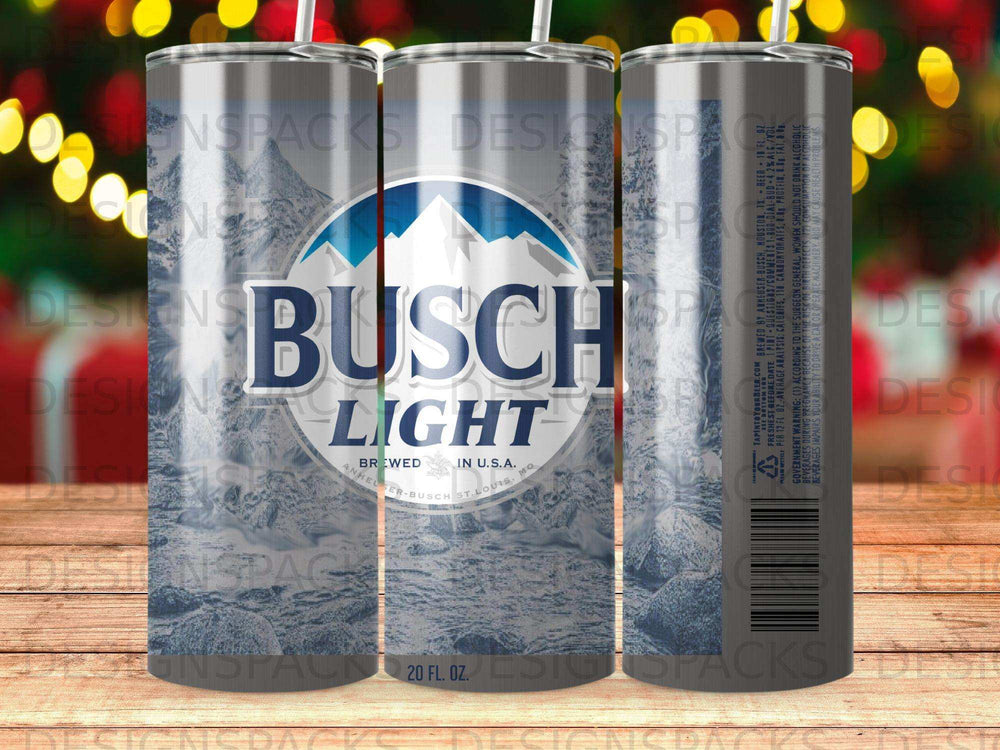 Busch Light tumbler with snowy mountain graphic and product information.