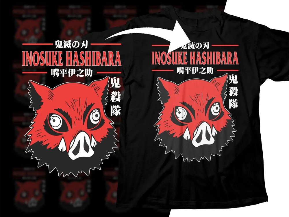 Inosuke Hashibara Demon Slayer t-shirt design with red boar mask, Japanese text, print-ready for DTF DTG