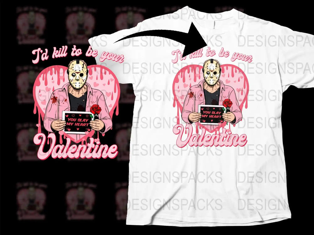 Valentine's Day horror t-shirt design with Jason Voorhees holding rose and sign saying 'You Slay My Heart'