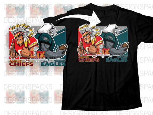 Kansas City Chiefs vs Philadelphia Eagles Super Bowl t-shirt design with cartoon mascots