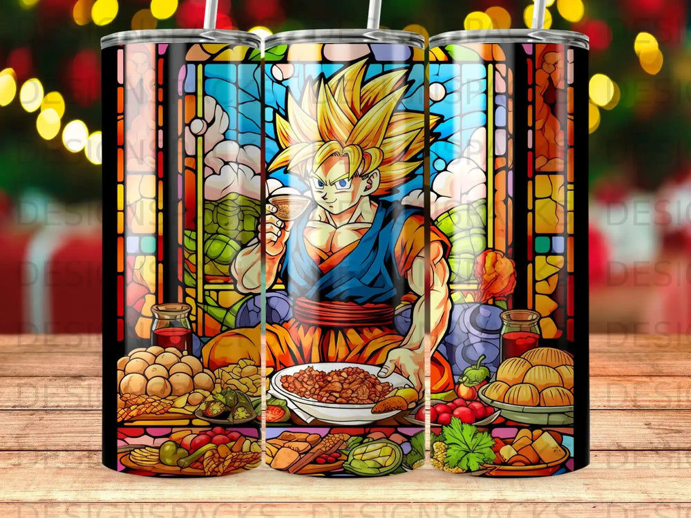 Goku eating a meal in front of a stained glass window.