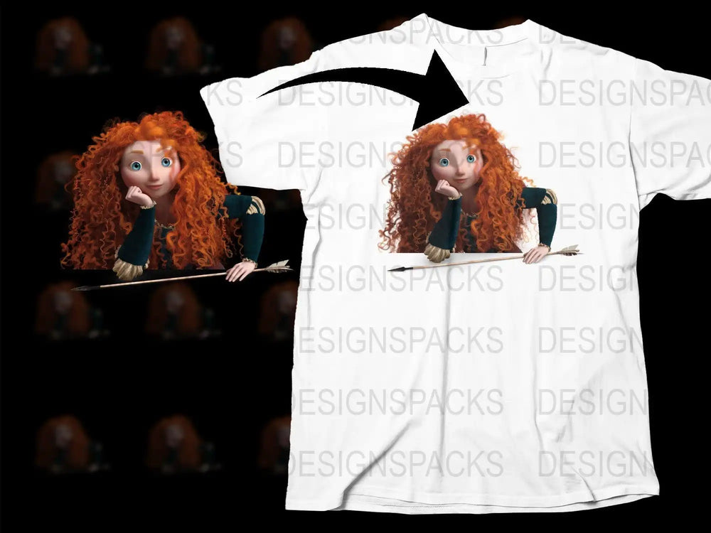 Merida Disney princess t-shirt design with curly red hair and arrow, print-ready for DTG or DTF