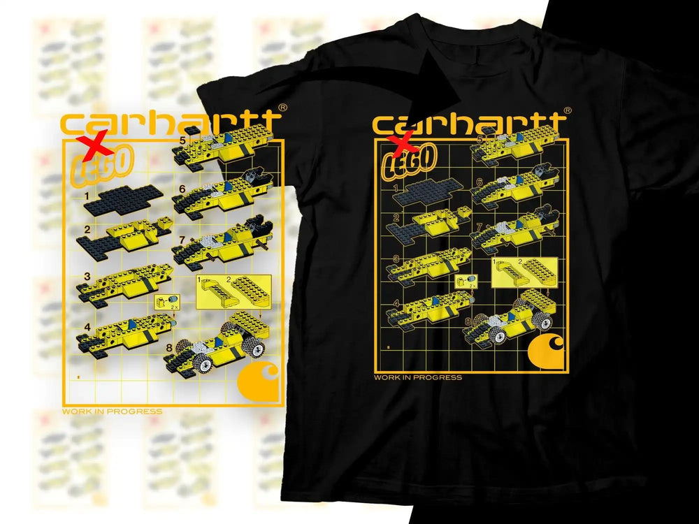 Black t-shirt with Carhartt LEGO car build instructions design, yellow and black print, 'Work in Progress'