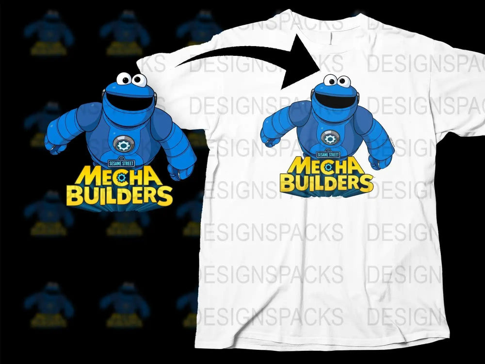 Cookie Monster Mecha Builders t-shirt design, print-ready for DTF DTG, featuring blue robot character and bold yellow text.