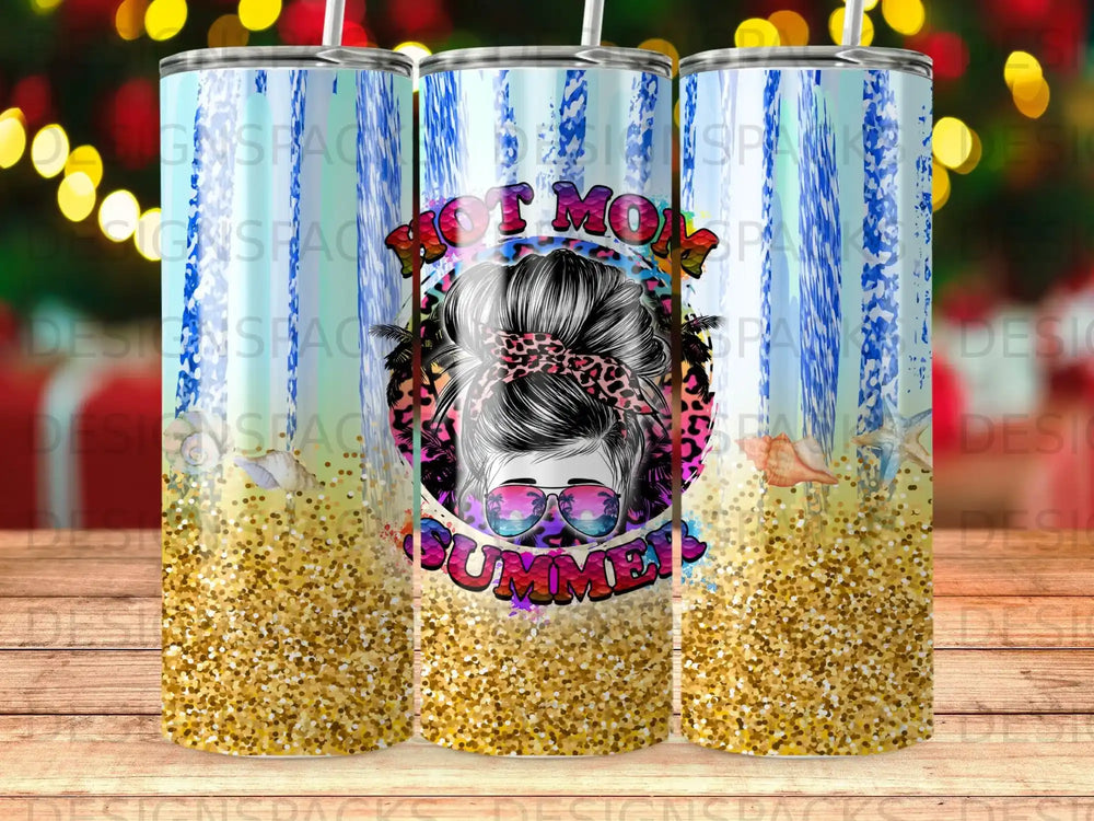 Hot Mom messy bun design with glitter and seashells on a tumbler.