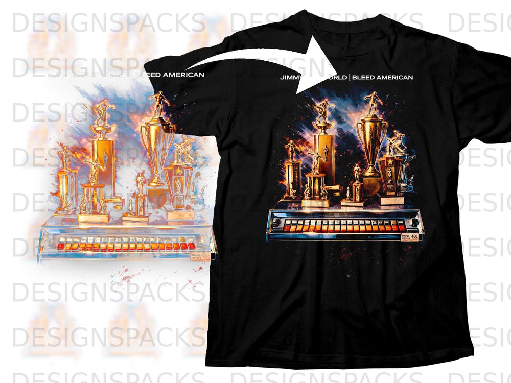 Black t-shirt with "Jimmy Eat World Bleed American" graphic of trophies over a vintage arcade game.