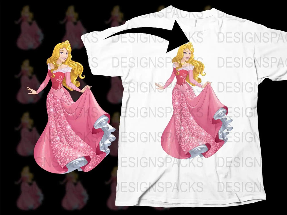 Princess Aurora in pink gown design for t-shirt, print-ready DTF/DTG bundle