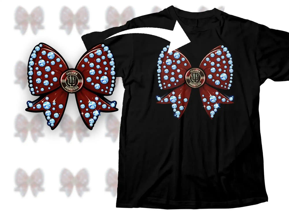 Black t-shirt with Indiana Hoosiers rhinestone bow design, perfect for DTF/DTG printing
