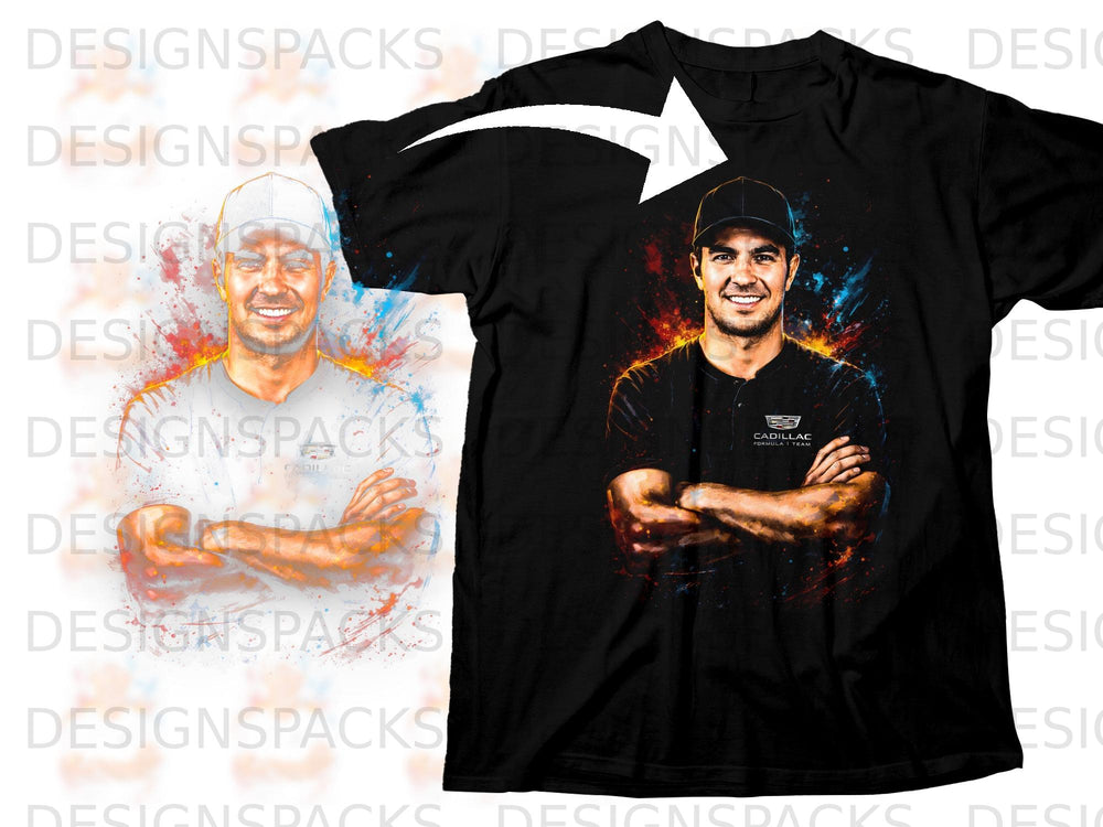 Sergio Perez on black t-shirt with Cadillac Formula 1 Team logo and colorful accents.