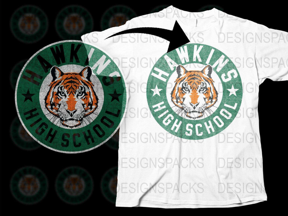 Hawkins High School tiger logo t-shirt design, print-ready for DTG or DTF