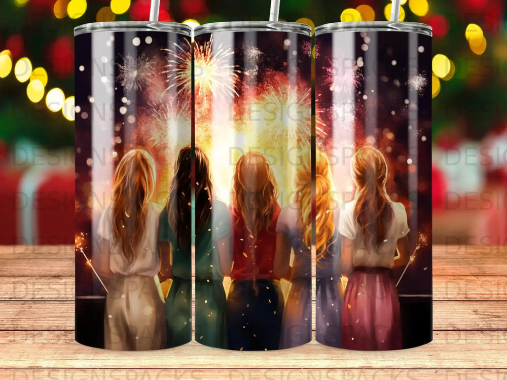People watching fireworks with sparklers, tumblers shown from behind.