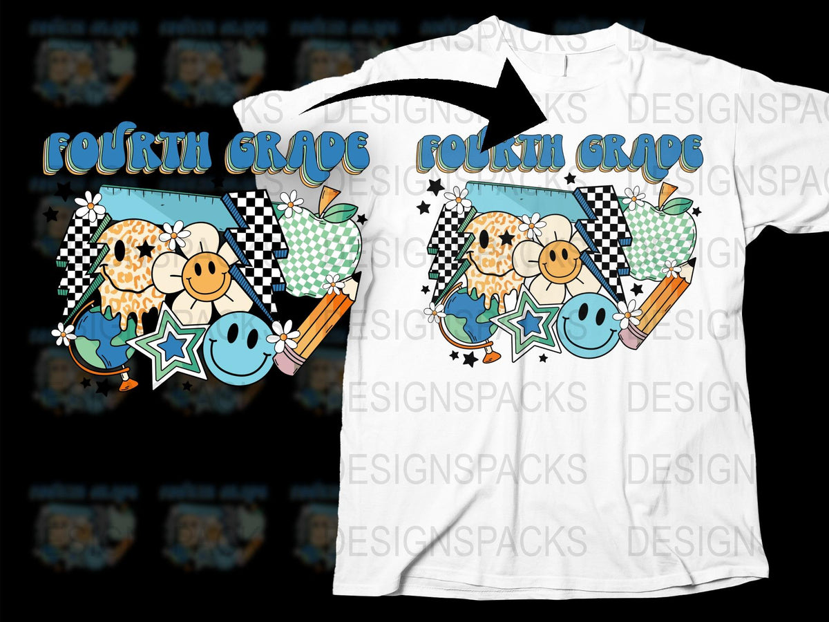 Fourth Grade Teacher T-Shirt, Cute Owl Graphic, Star and Pencil Design, Checkered Pattern Kids Tee