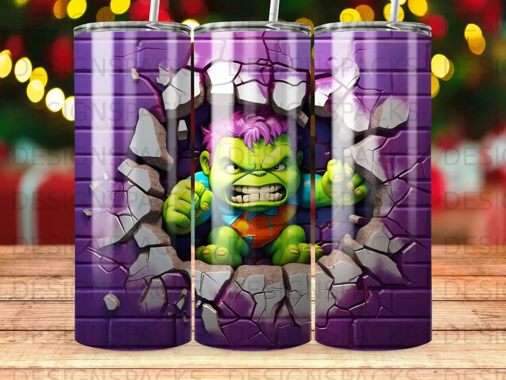 Hulk bursting through a brick wall, cartoon illustration.