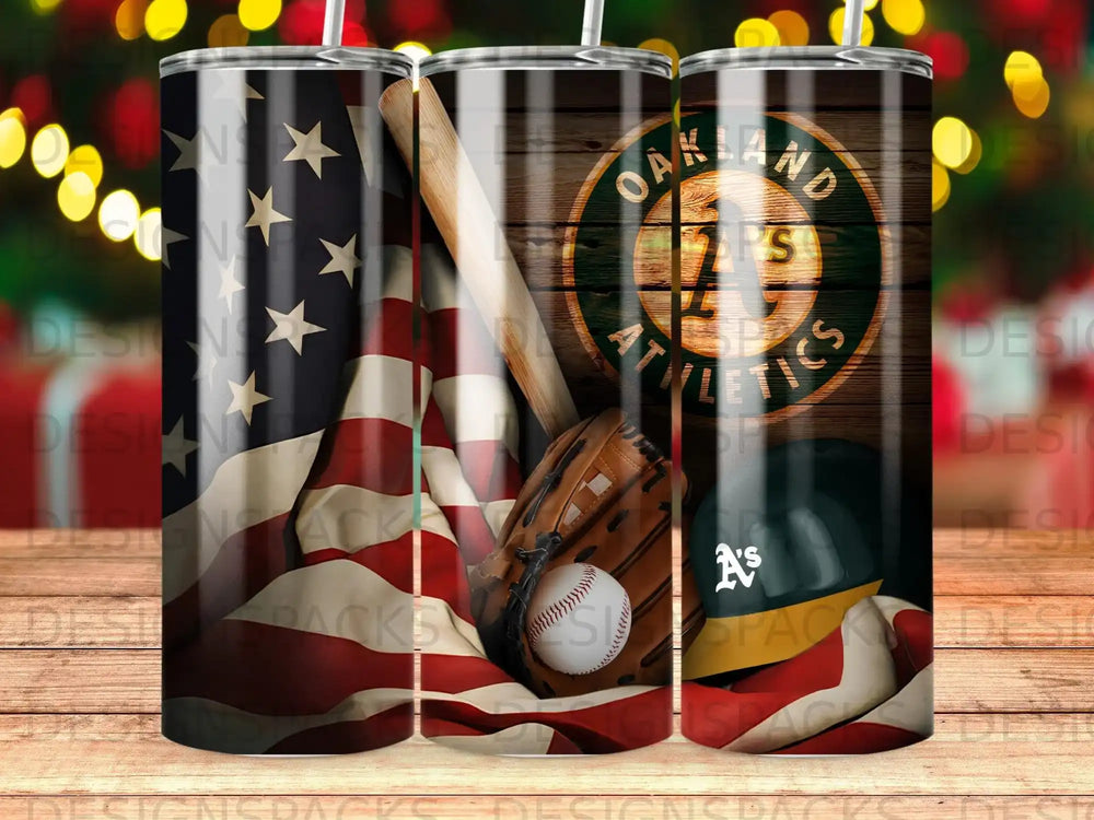 Oakland Athletics logo on baseball glove and American flag.