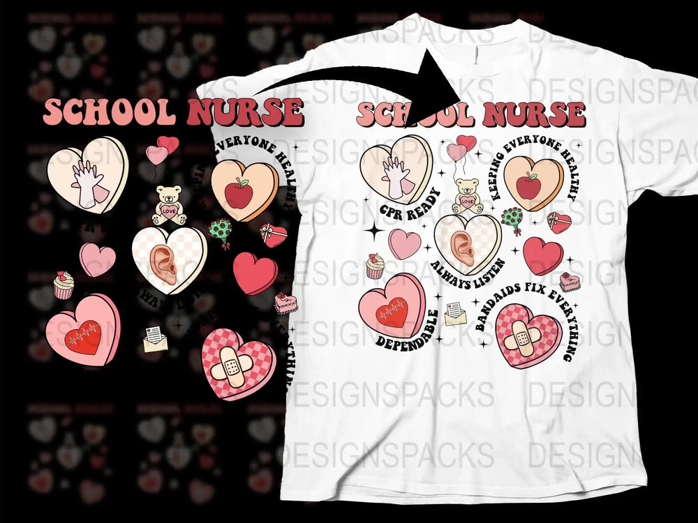 School Nurse T-Shirt, Cute Medical Heart Graphics, Healthcare Worker Appreciation Gift, White Unisex Tee