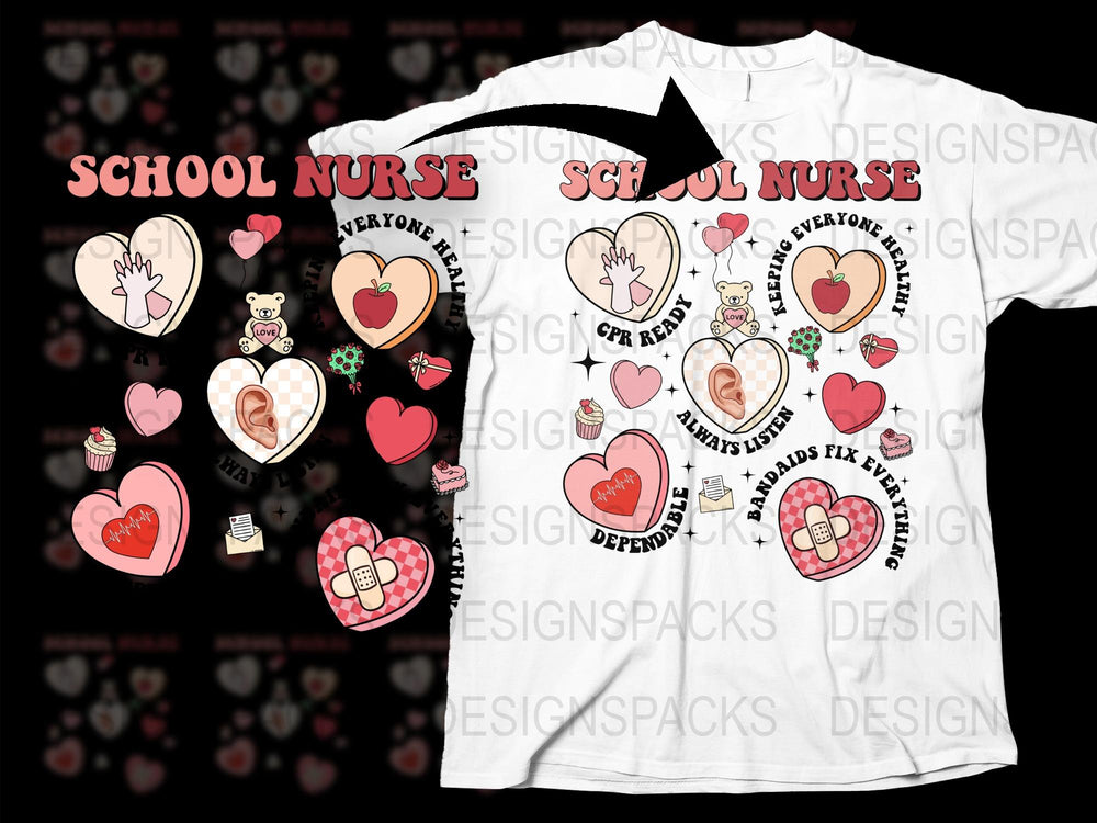 School Nurse T-Shirt, Cute Medical Heart Graphics, Healthcare Worker Appreciation Gift, White Unisex Tee