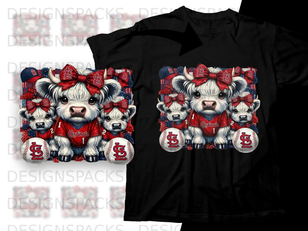 Four cartoon cows in Cardinals baseball hats and jerseys hold baseballs.