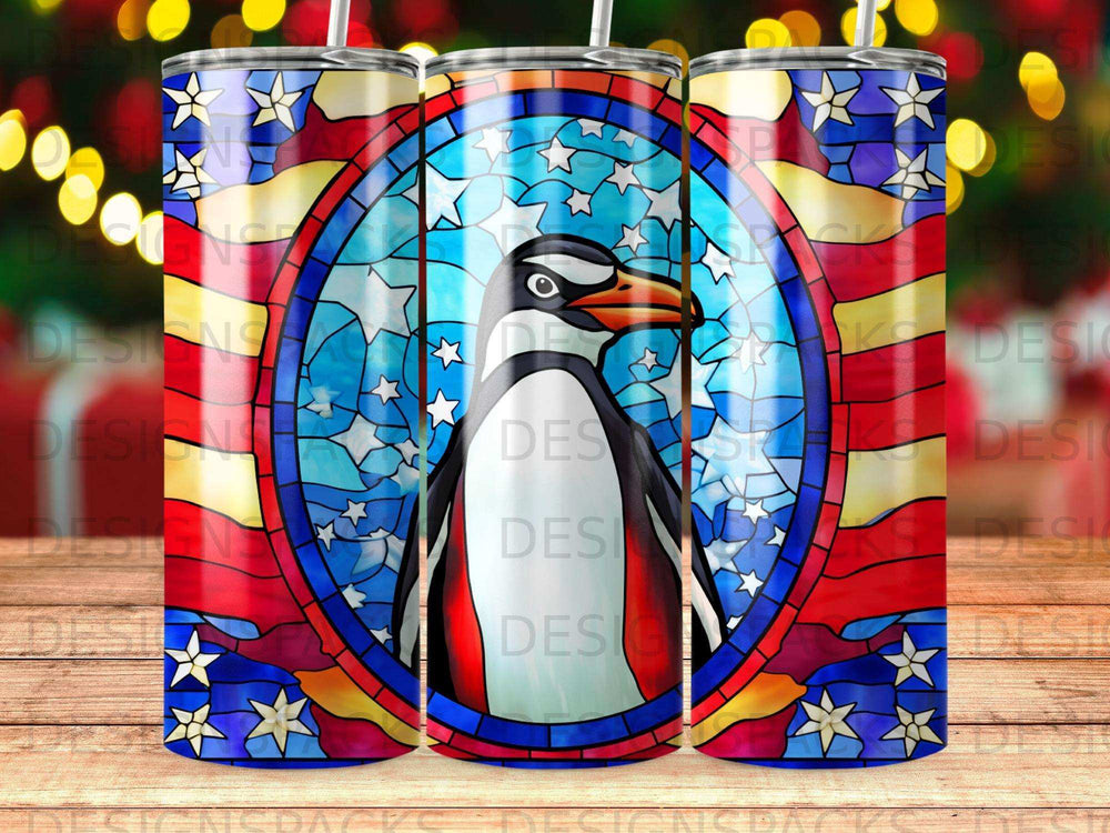 Penguin in patriotic stained glass design with stars and stripes.